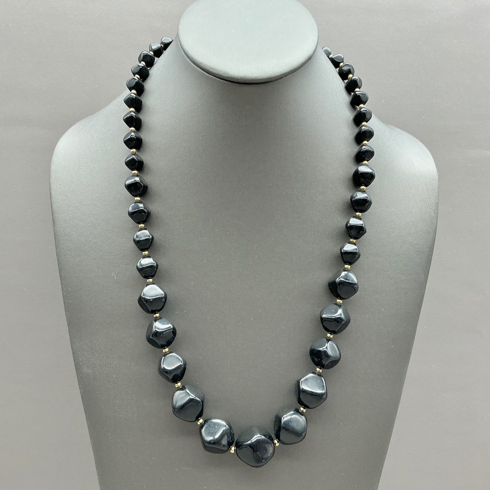 Vintage Avon Necklace Black Graduated Geometric Beads Gold Tone Spacers 30"